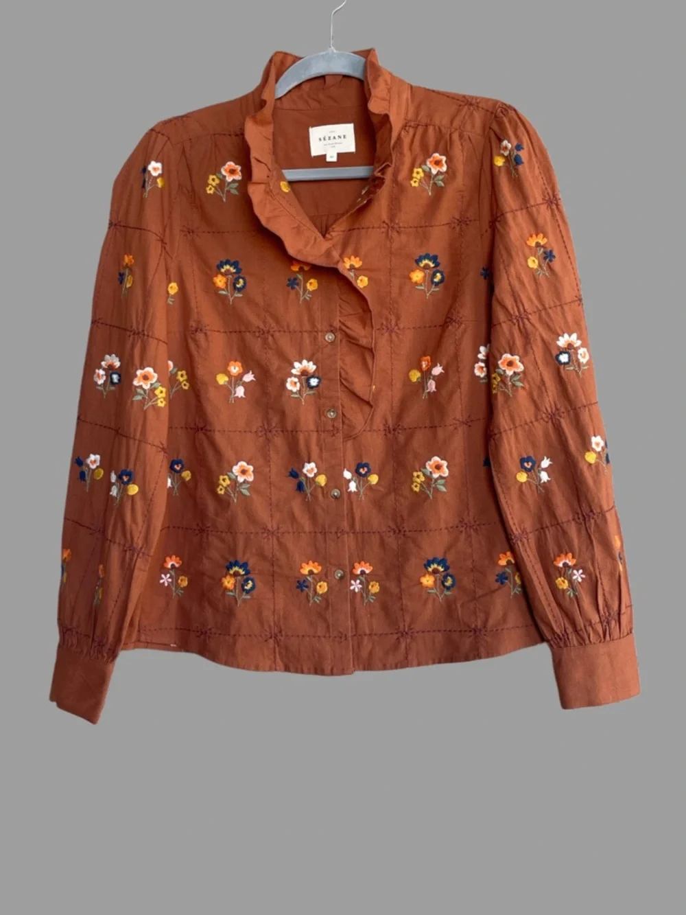 SEZANE Rust Orange Blue Floral Embroidered Ruffle Button Down Shirt Chlo Blouse - Picture 3 of 17